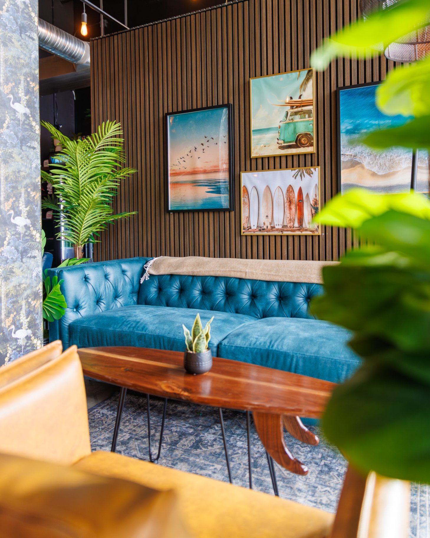 Tropical lounge area with teal velvet sofa and gallery wall